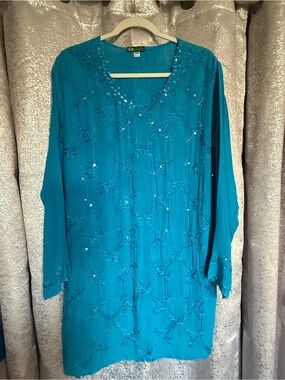 Embroidered Teal Long-Sleeve Women's Tunic